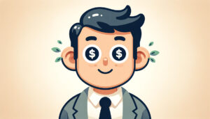 man in suit and tie with dollar signs in his eyes