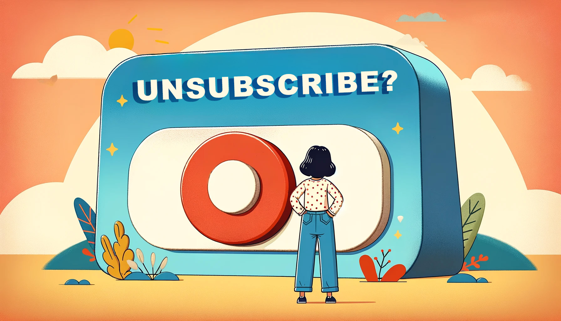 "unsubscribe?" written on a giant button with a woman standing in front