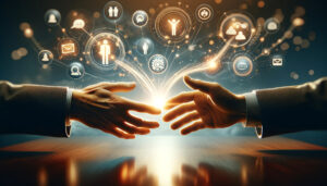 two hands reaching for each other, bubbles of icons floating above, businessy