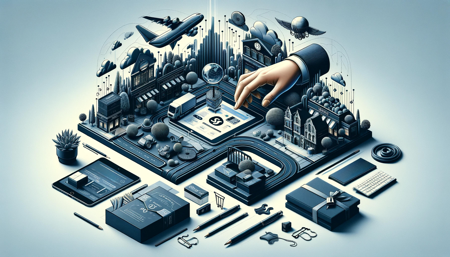 hand reaching into an isometric display of business avenues and icons related to making money