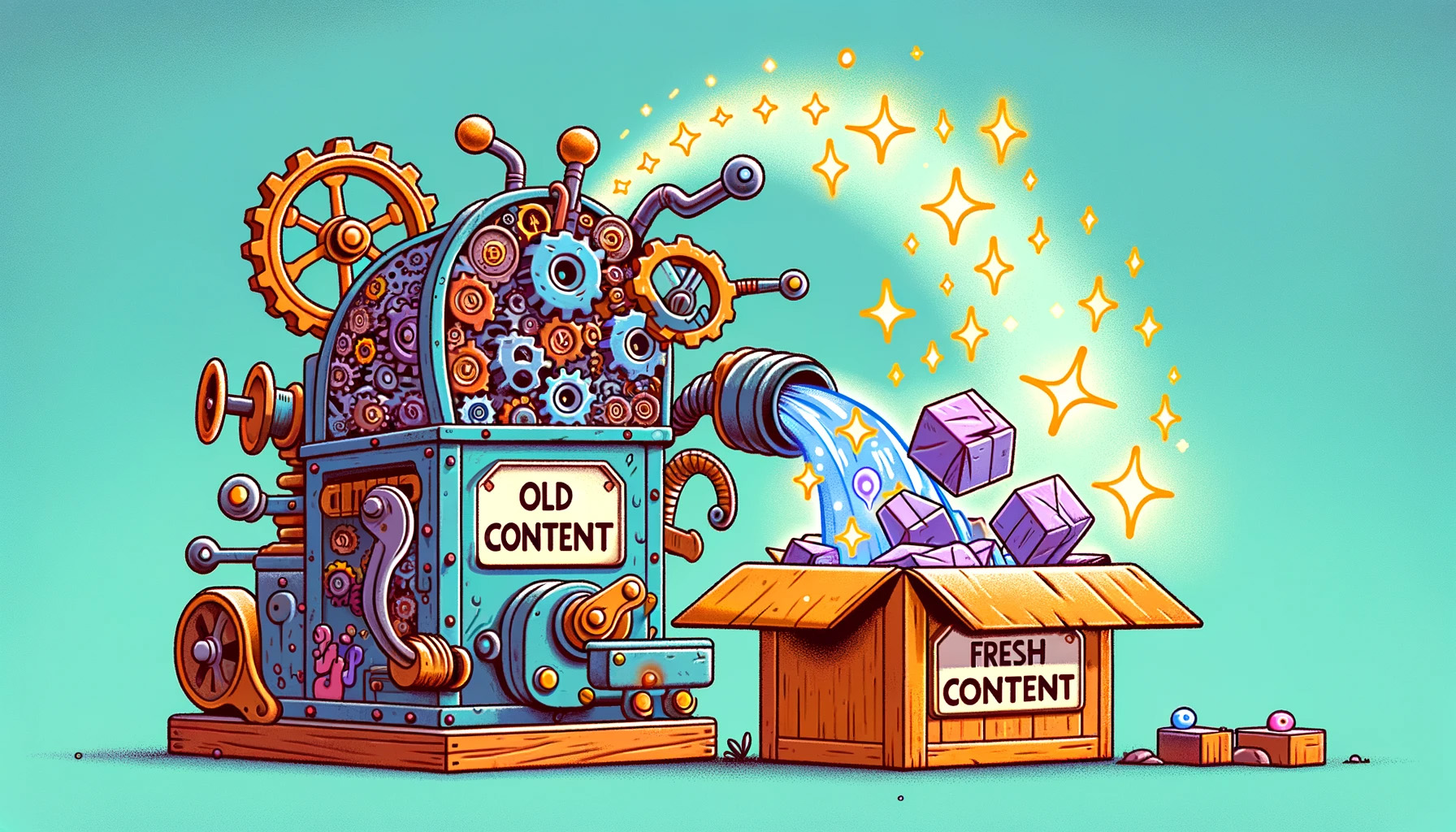 machine of old rusty content flowing into a box of new sparkly content.