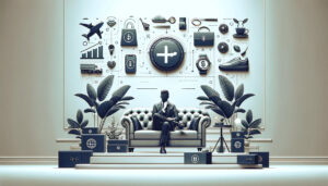 person sitting on couch with plants and a wall covered in ecommerce products