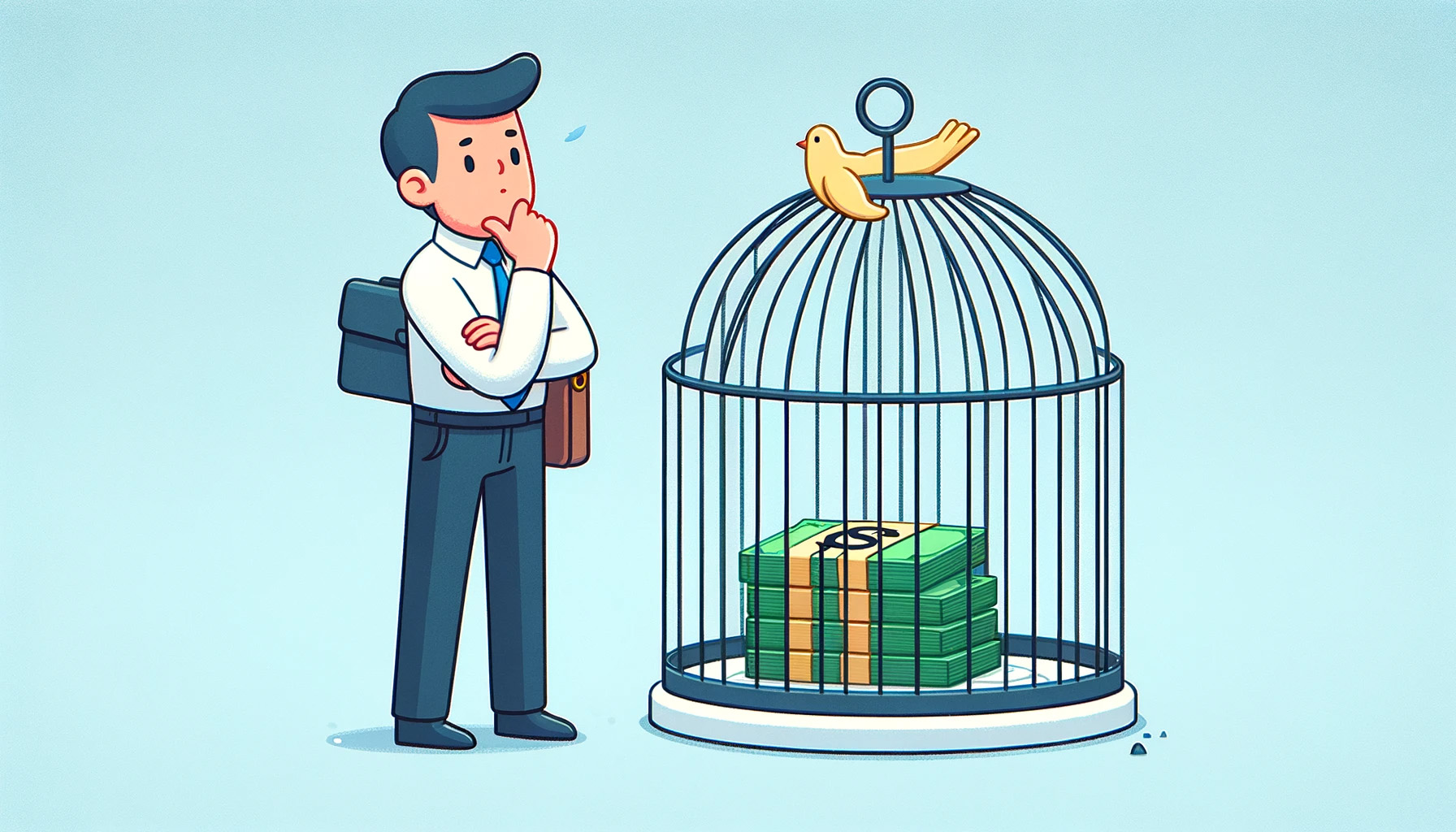 cartoon business man standing next to a bird cage with money inside
