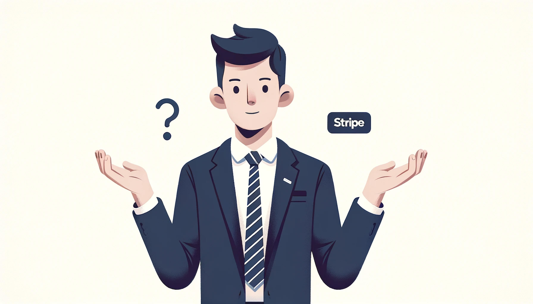 businessman standing with his hands out, question mark on one side, Stripe on the other.