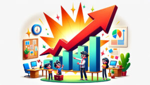 arrow shooting up above a growing bar graph with a marketing team talking in front