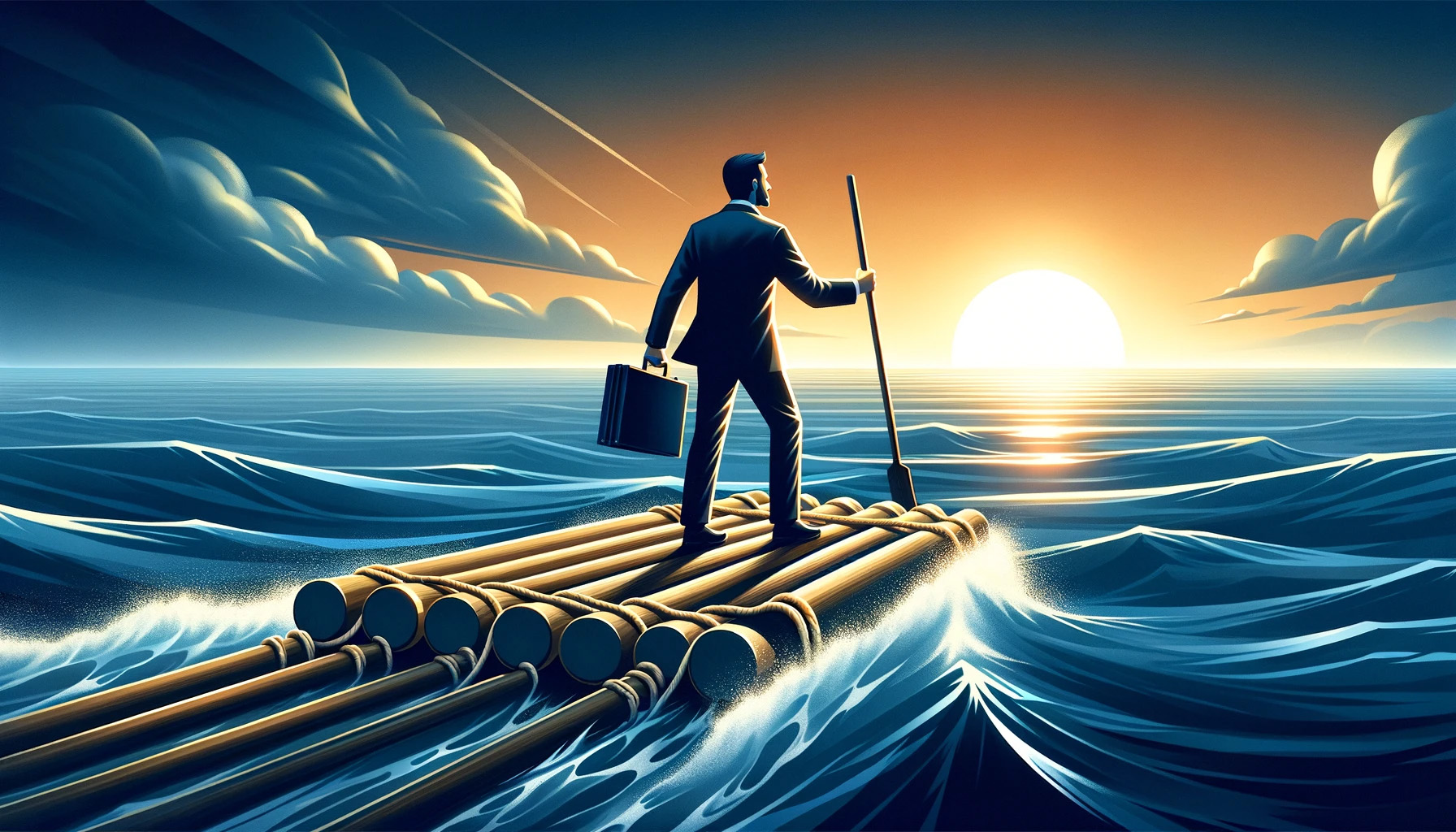 businessman on a wooden raft heading to a bright horizon