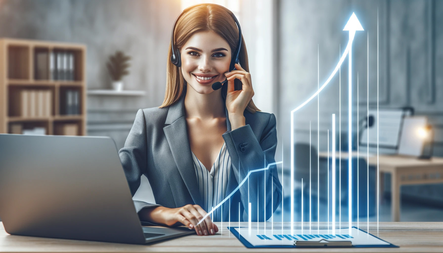 woman smiling on the phone at a call center with bar charts and line graphs