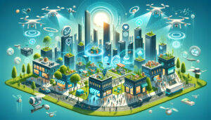 futuristic city with flying machines and tall buildings