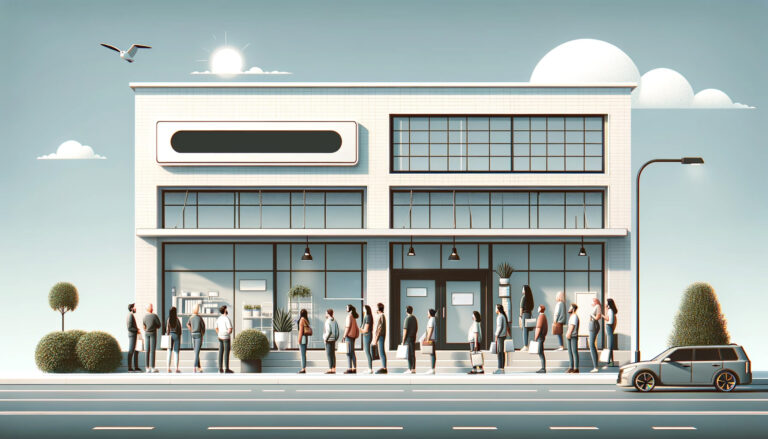 customers holding backs outside of a store waiting to make a purchase