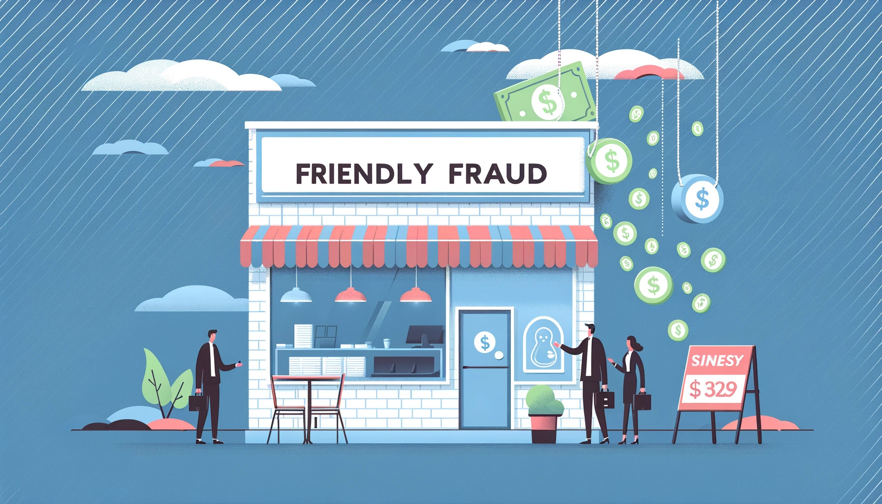 storefront with "FRIENDLY FRAUD" written above