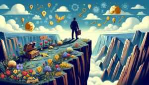 businessman standing on the edge of cliff with many whimsical things around
