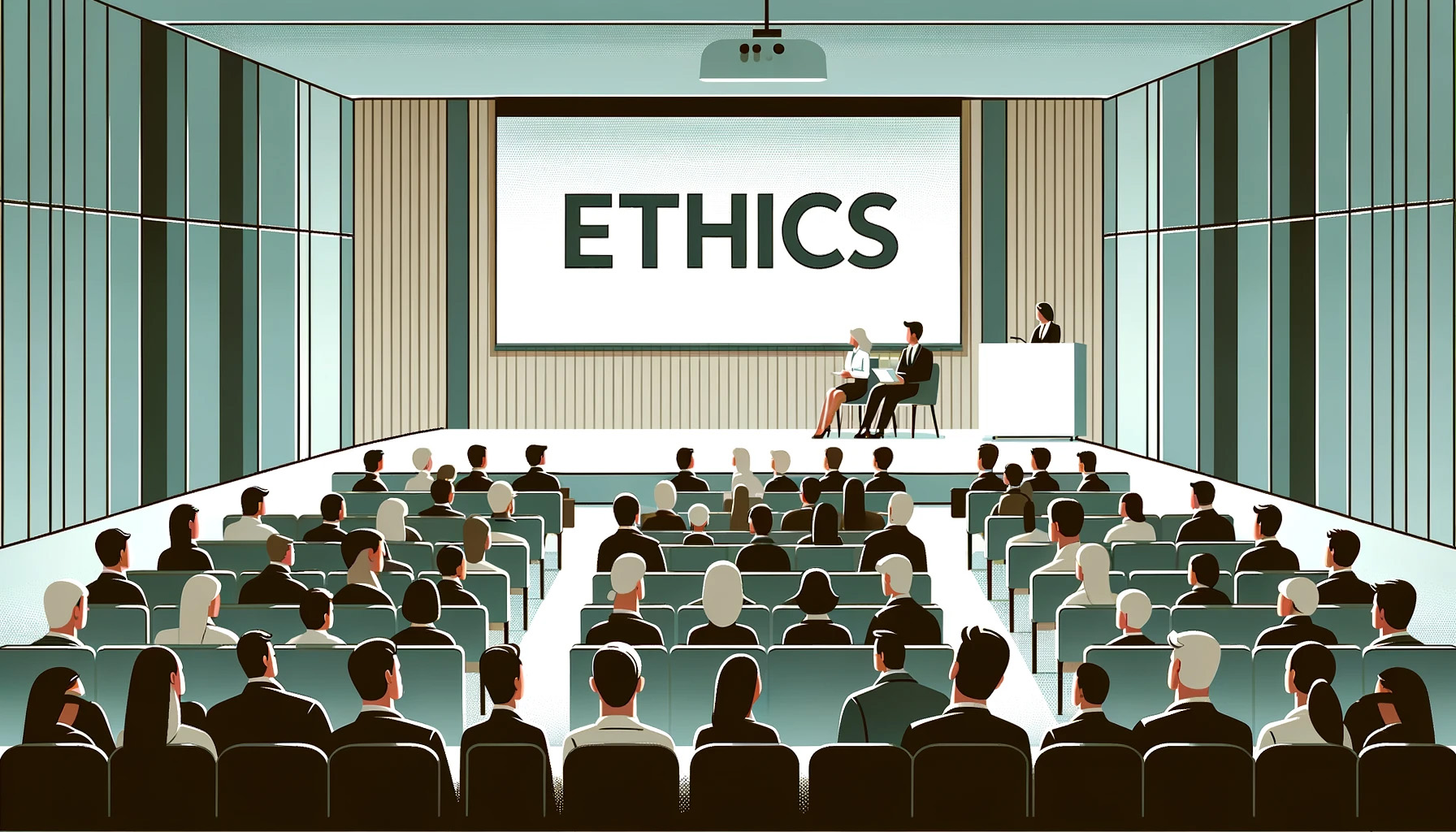 "ethics" written on a big screen in a lecture hall filled with businesspeople