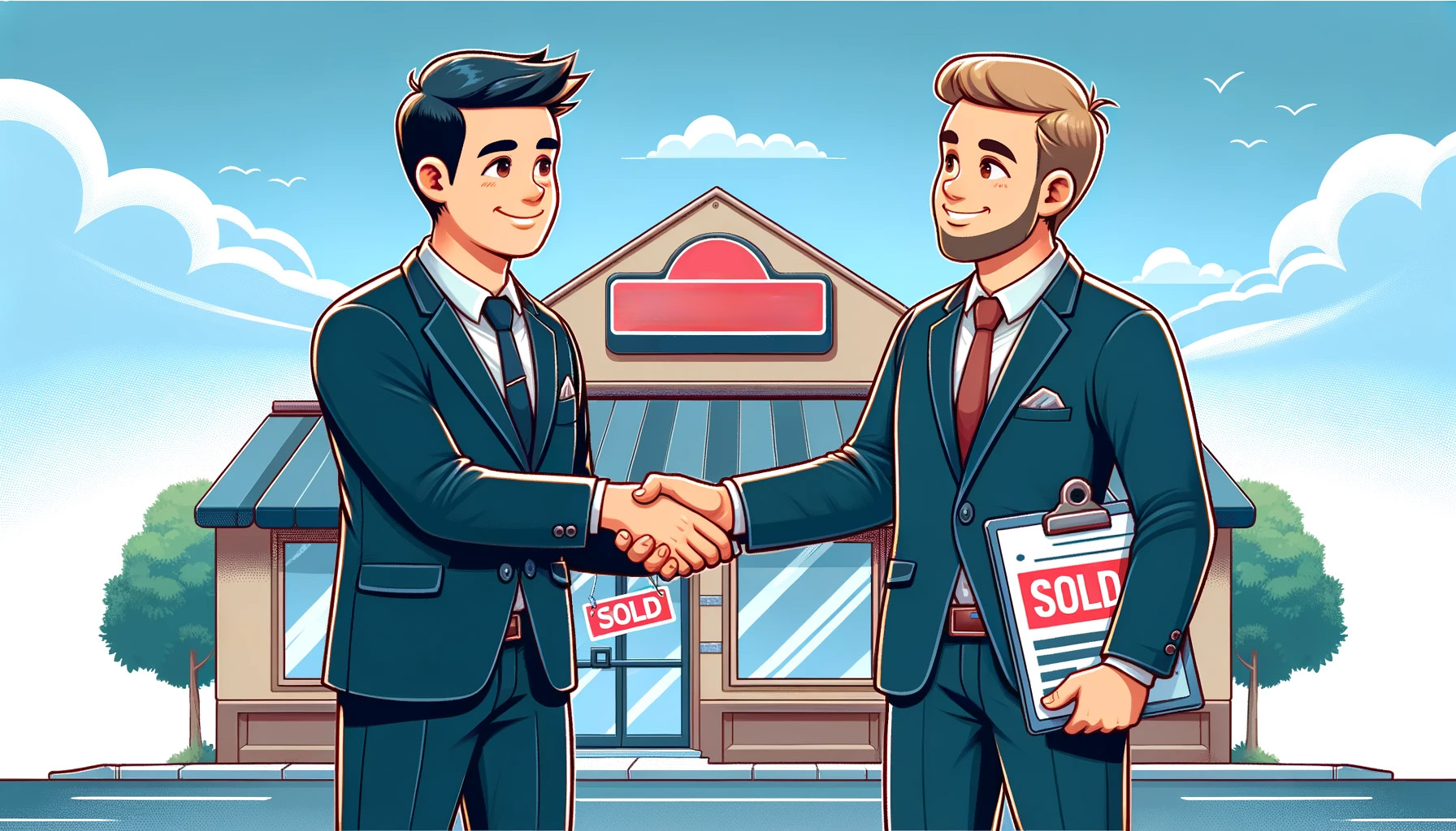 two businessmen shaking hands in front of a store, selling a business