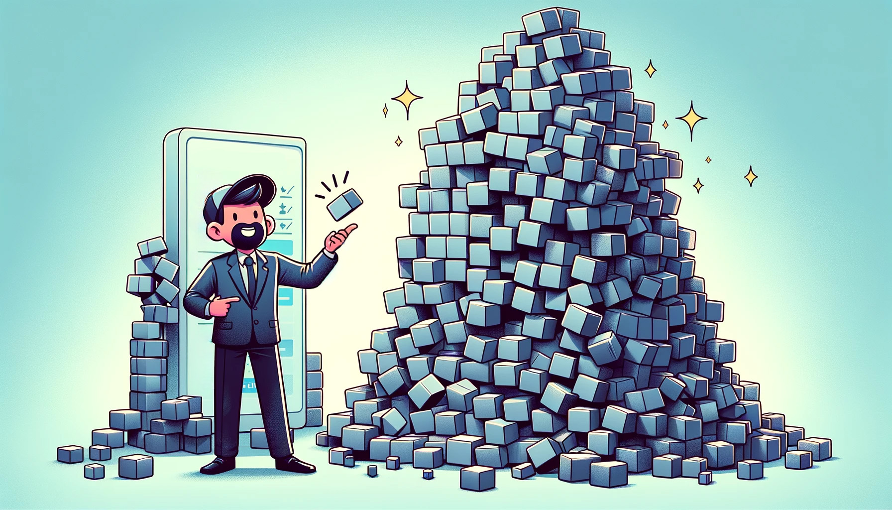 pile of cubes, businessman holding up one cube in front of a giant phone