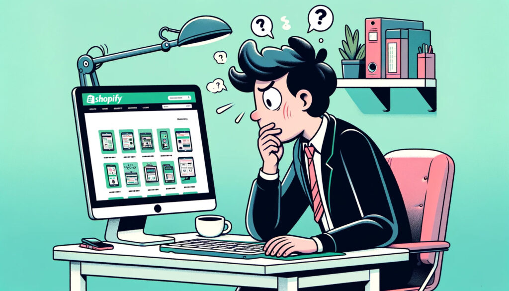 businessman overwhelmed, questioning, too many choices, shopify website, office