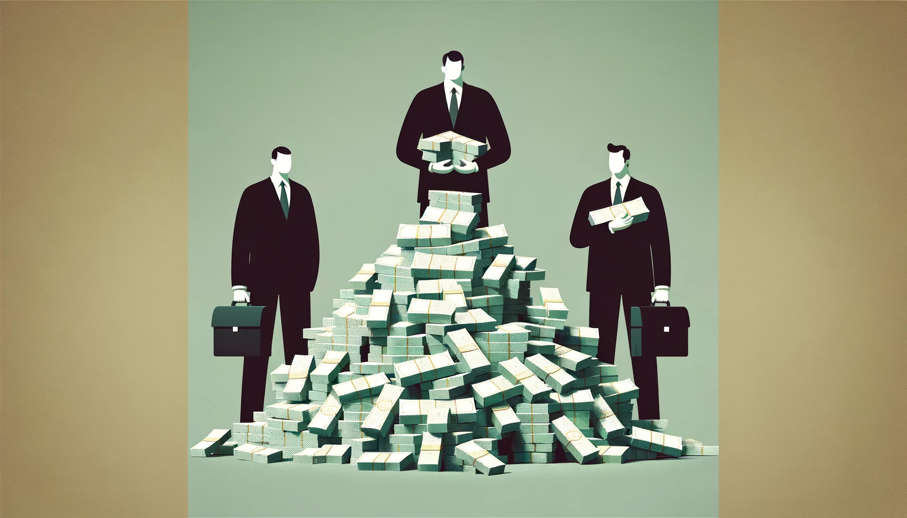 three businessmen on a pile of cash