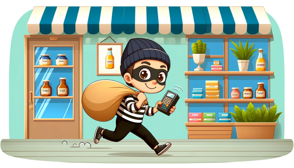 young thief with big bag on back in front of storefront