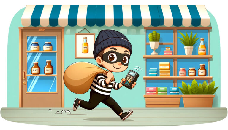 young thief with big bag on back in front of storefront