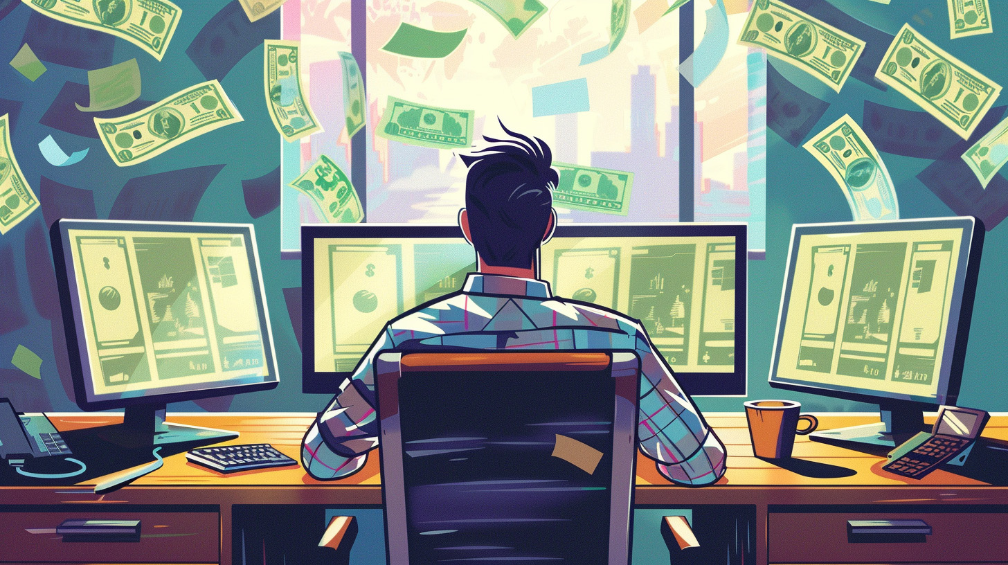 a man sitting in front of three computer screens with money raining down