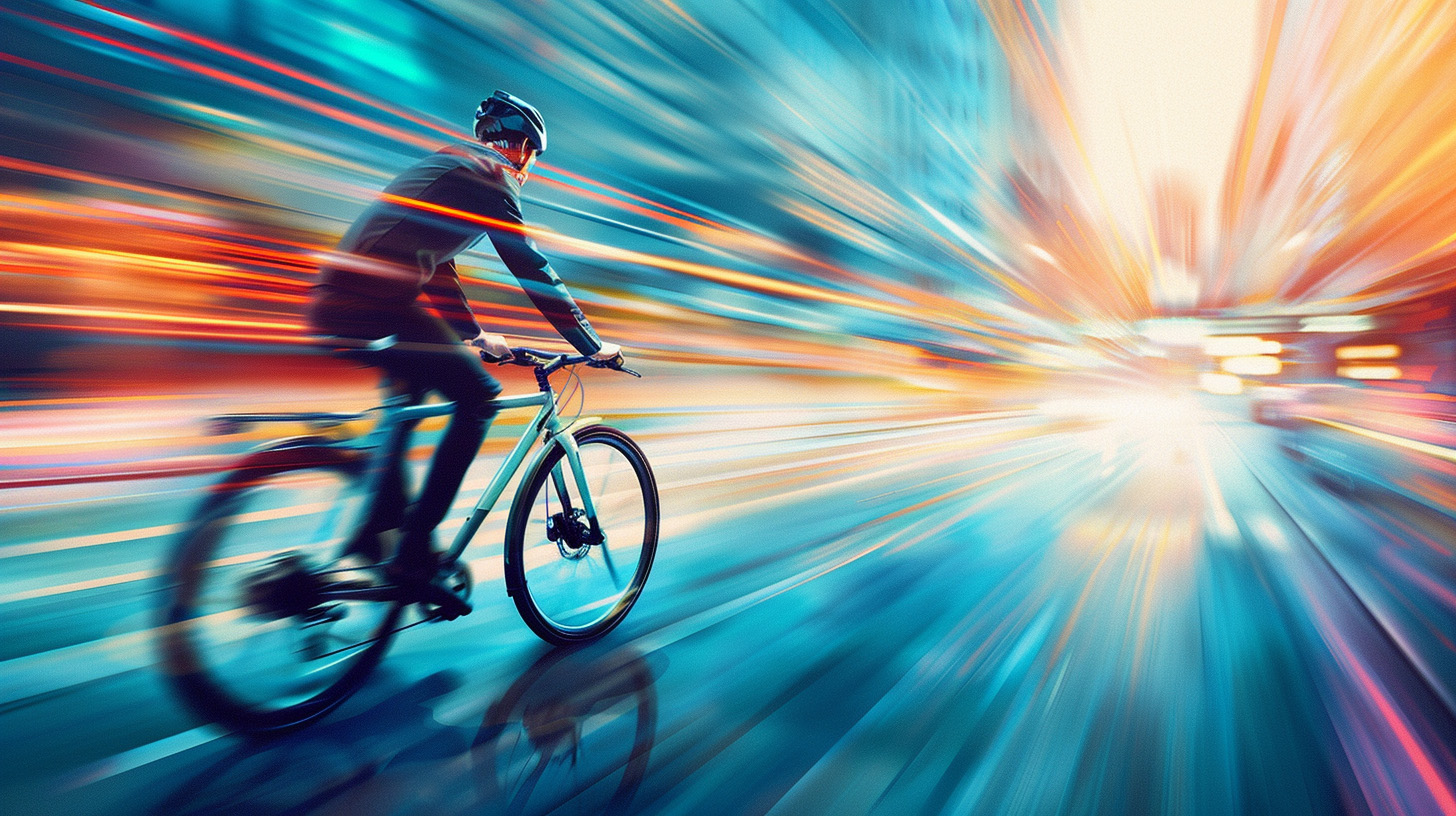 businessman on a bike riding at the speed of light
