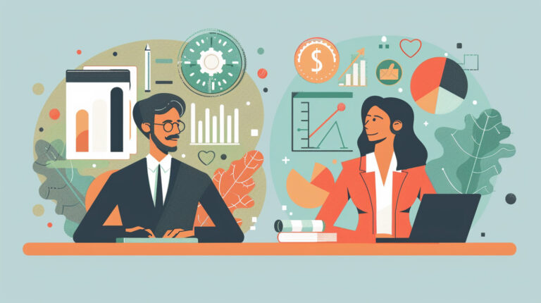 man in suit and tie on left surrounded by graphics and a business woman on the right in orange surrounded by graphics and