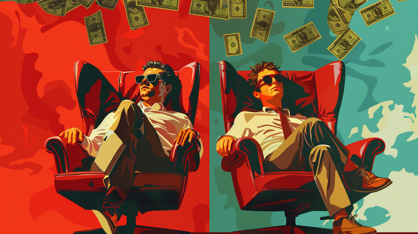 two men sitting in chairs while its raining money
