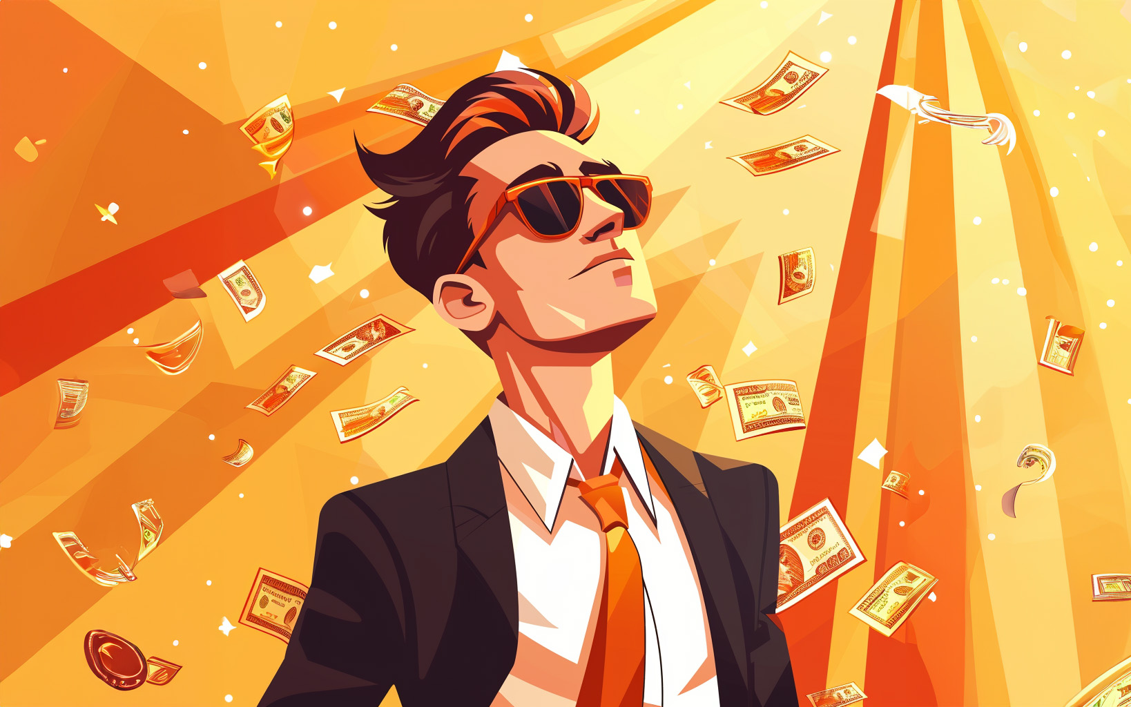 businessman wearing sunglasses looking up at rays of light raining money