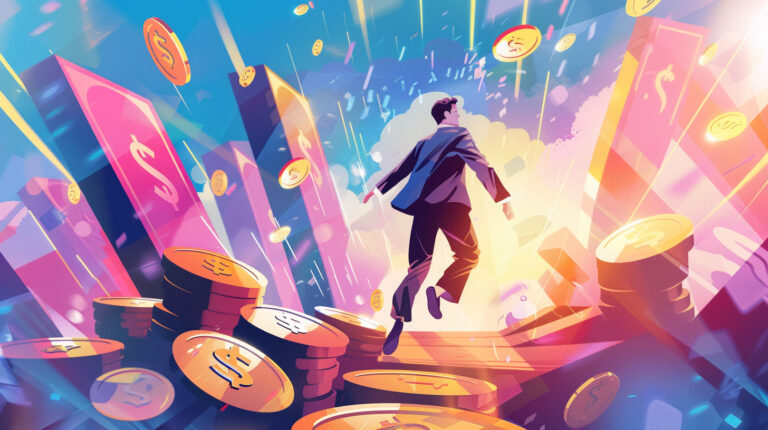 colorful illustration of a businessman surrounded by money, coins, finance