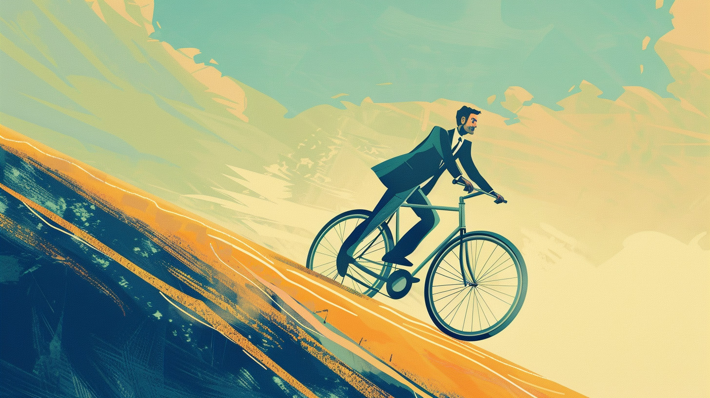 businessman on a bike riding it down a hill