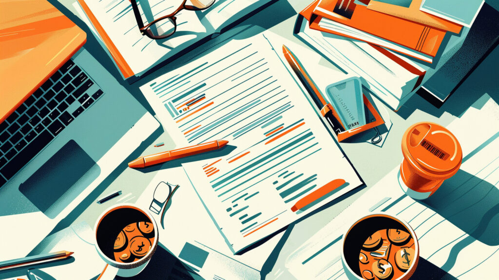 illustration of a desk focusing on an official document, bank statement, merchant statement, payment processing