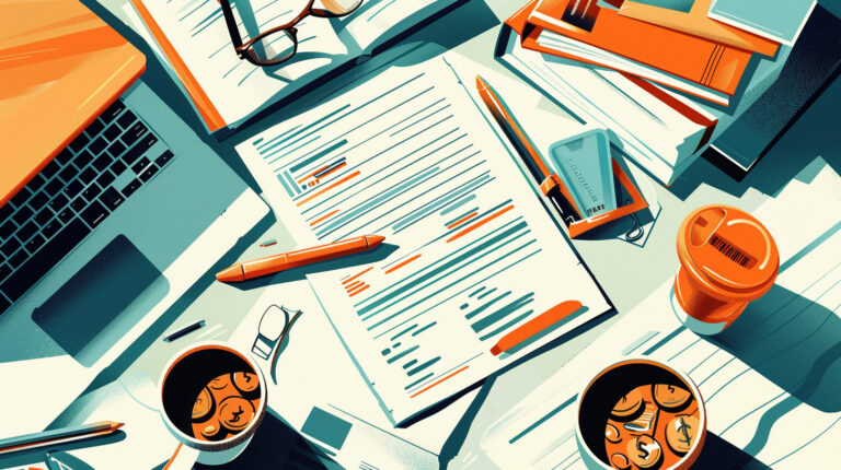 illustration of a desk focusing on an official document, bank statement, merchant statement, payment processing