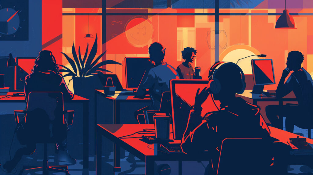 illustration of telemarketers in an office on the phone