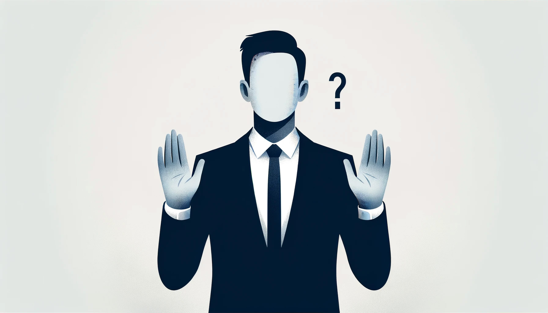 faceless man in suit and tie holding up hands with question mark