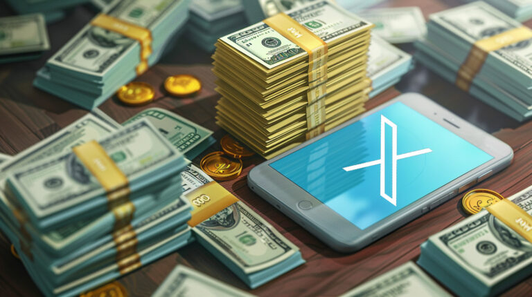 stacks of cash and a cell phone with the X social media logo on it