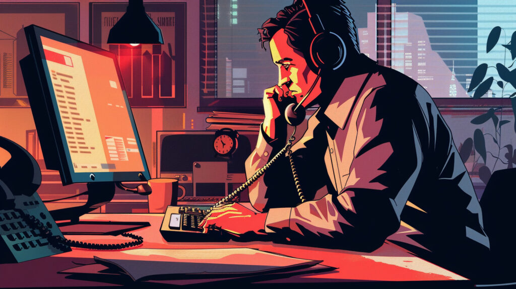 man sitting at desk in front of computer screen using a headpiece to speak on the phone, scammer