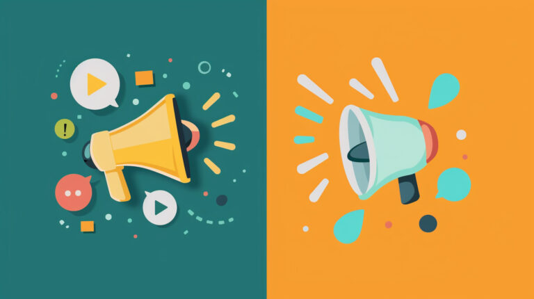 megaphone on the left surrounded by marketing symbols, megaphone on the right surrounded by noise symbols