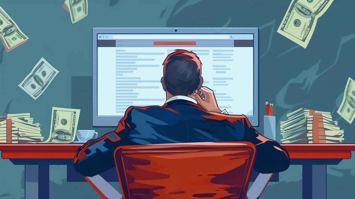 businessman sitting at desk in front of large monitor displaying the Reddit website, stacks of cash on his desk
