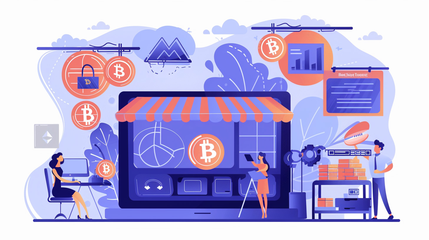 purple digital storefront with bitcoin and crypto logos
