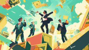 Four businesspeople jumping for joy surrounded by money.