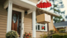 A brown cardboard box being parachuted down to the front door of a house