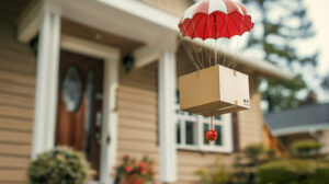 A brown cardboard box being parachuted down to the front door of a house