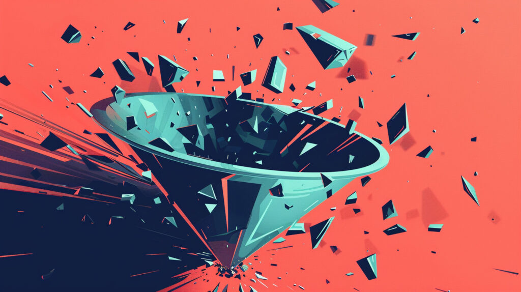 a funnel shattered into many tiny pieces.