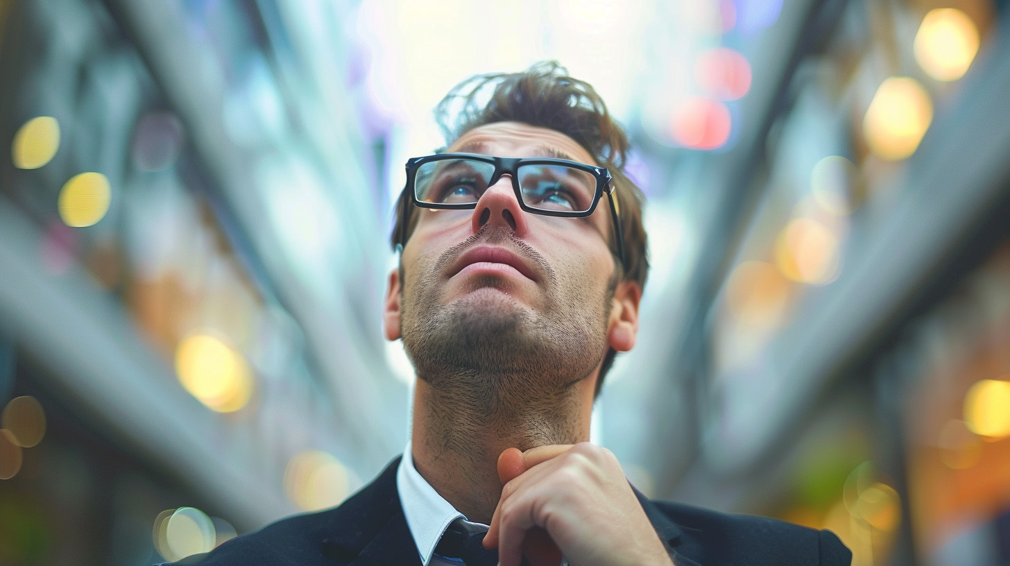 A man wearing a suit and classes looking up with his thumb close to his chin and thinking.