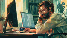 A frustrated copywriter staring at two computer screens.