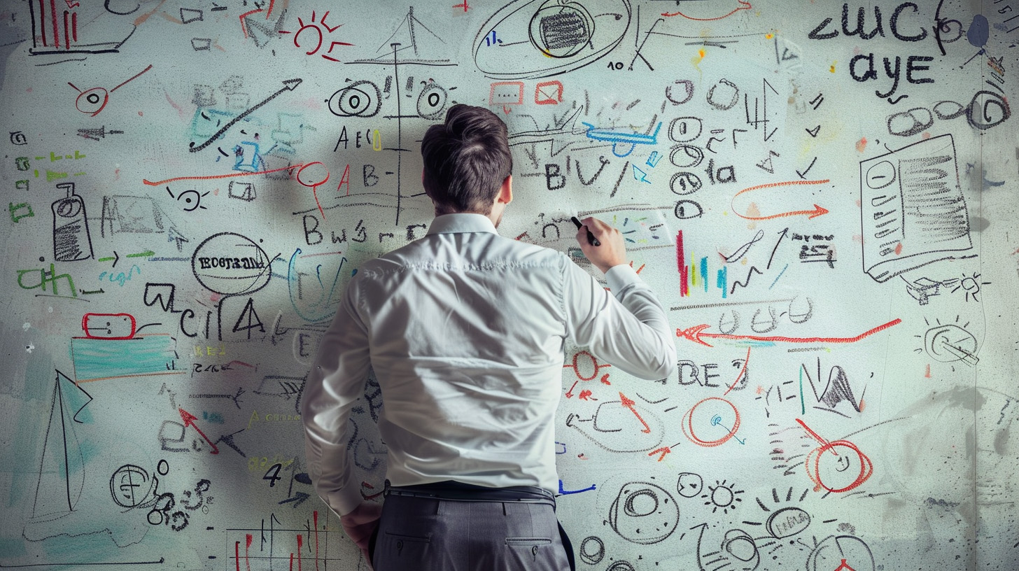 A man writing on a big whiteboard that's already covered in scribbles and notes.