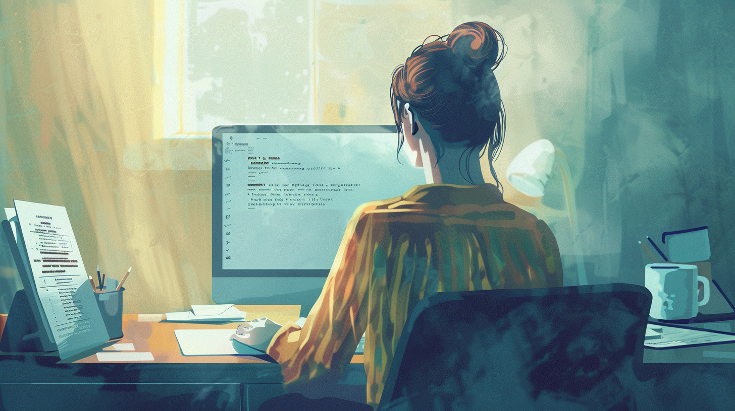 A woman sitting in front of her computer editing an email.