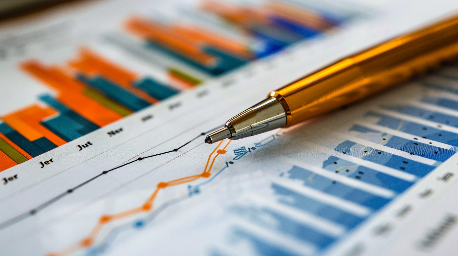 A pen resting on top of a paper with orange and blue bar graphs, line graphs, and financial forecasts.