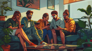 A group of 6 young people sitting on a couch together, but staring at their own phones.