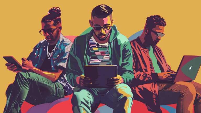 a man holding a cell phone, another holding a tablet, and a third on a laptop. Each are gaming.