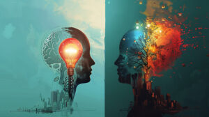 A light bulb inside someone's head glowing brightly on the left, trees and life inside someone's head on the right.